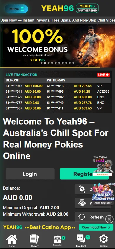 Yeah96 Casino games page on a mobile device