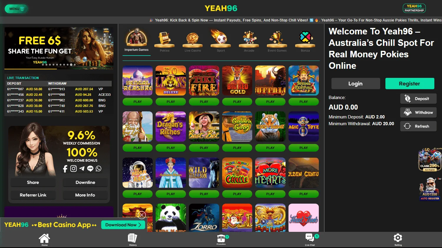 Yeah96 Casino games page on desktop