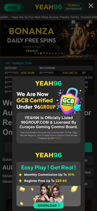 Yeah96 Casino home page on an Android mobile device