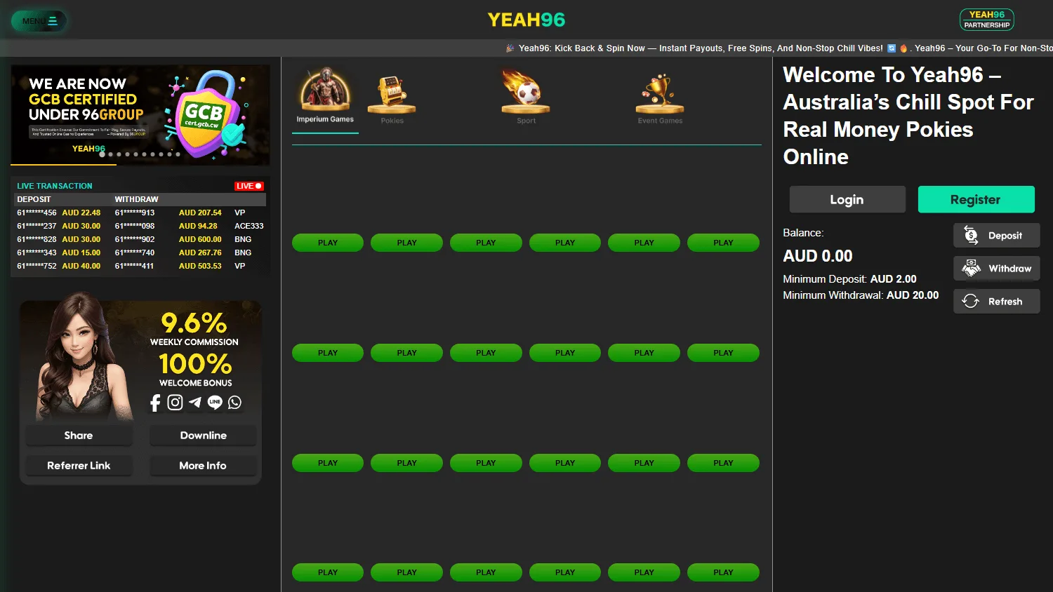 Yeah96 Casino home page on desktop