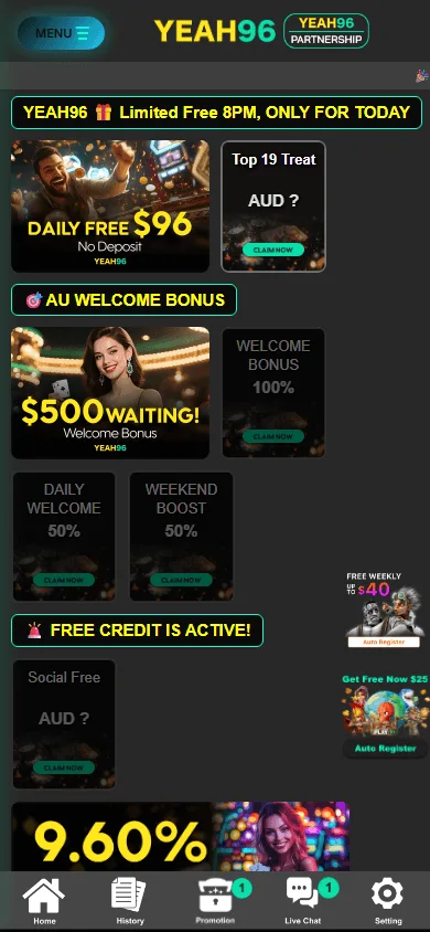 Yeah96 Casino promotions on a mobile device